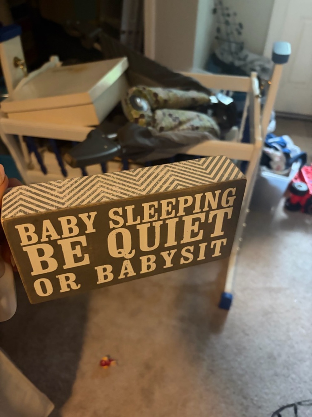 Mud Pie Gray and White "Baby Sleeping Be Quiet or Babysit" Wooden Block Sign